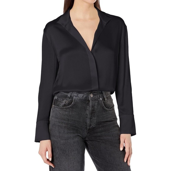 NWT Vince Womens Long Sleeve Stand Collar Blouse - Color Black - Size Large - Picture 1 of 5